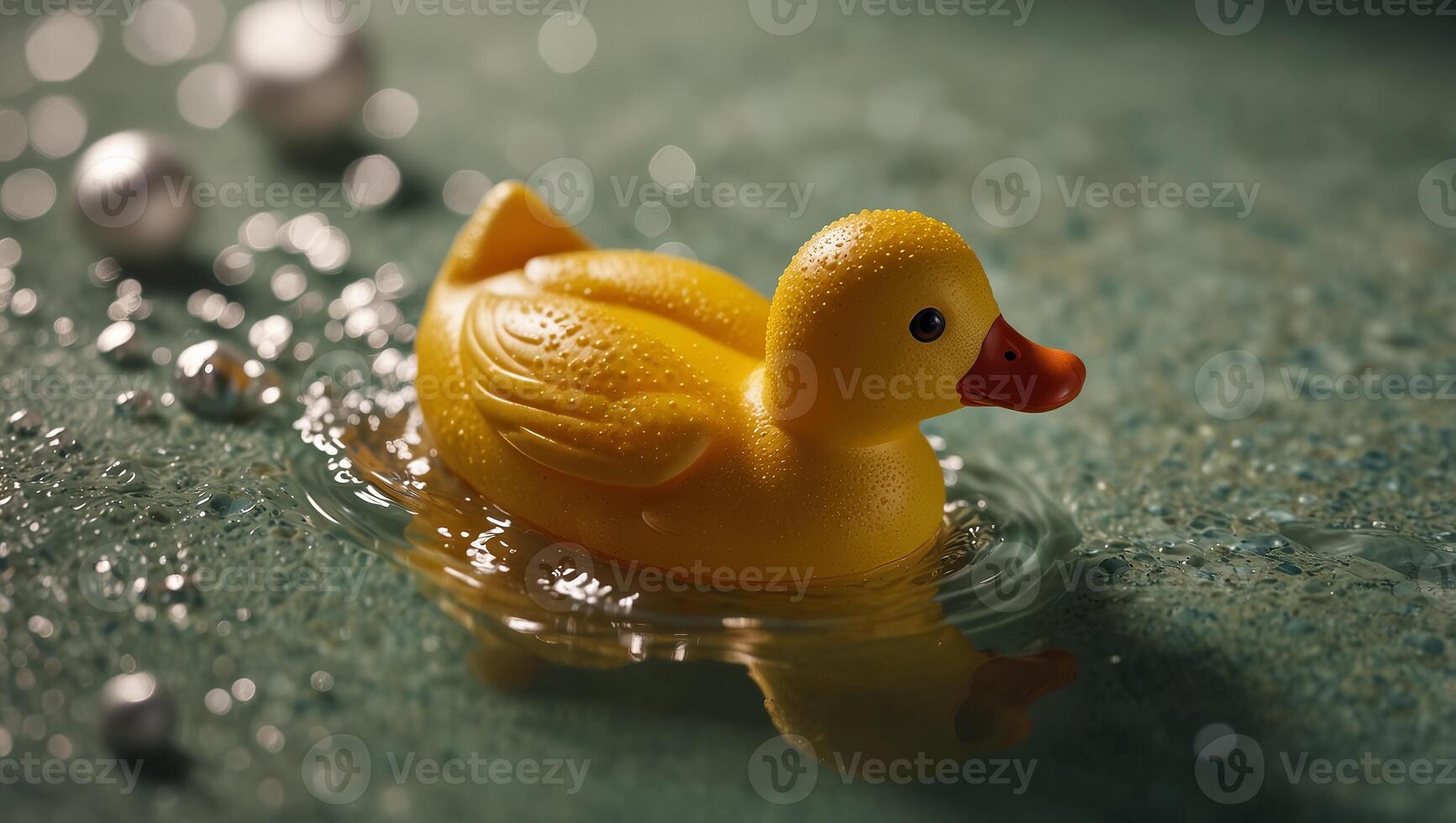 Yellow rubber duck toy floating on a bubble bath tub, top view, copy space, summer vacation, relaxation, bubble bath. photo