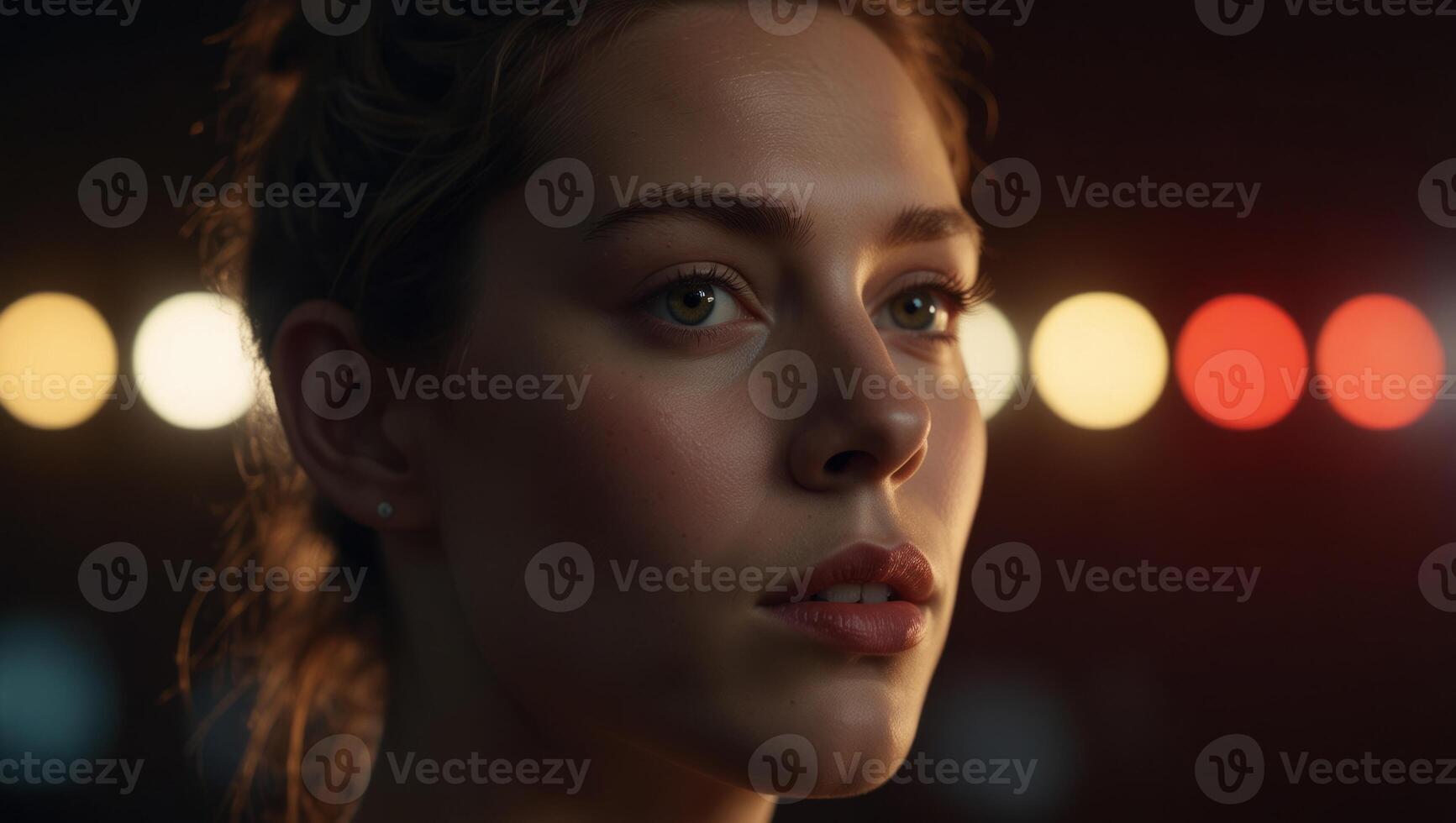 a close up of a woman's face with a red light shining on her left side of her face. photo