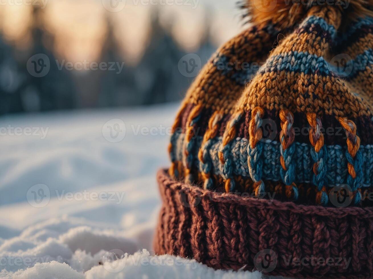 a close-up of a knit winter hat with pom-pom. photo