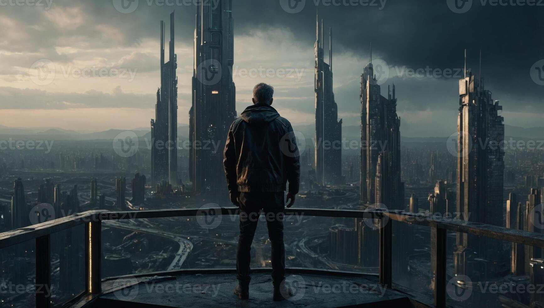 a lonely man looks at a dystopian futuristic city. photo