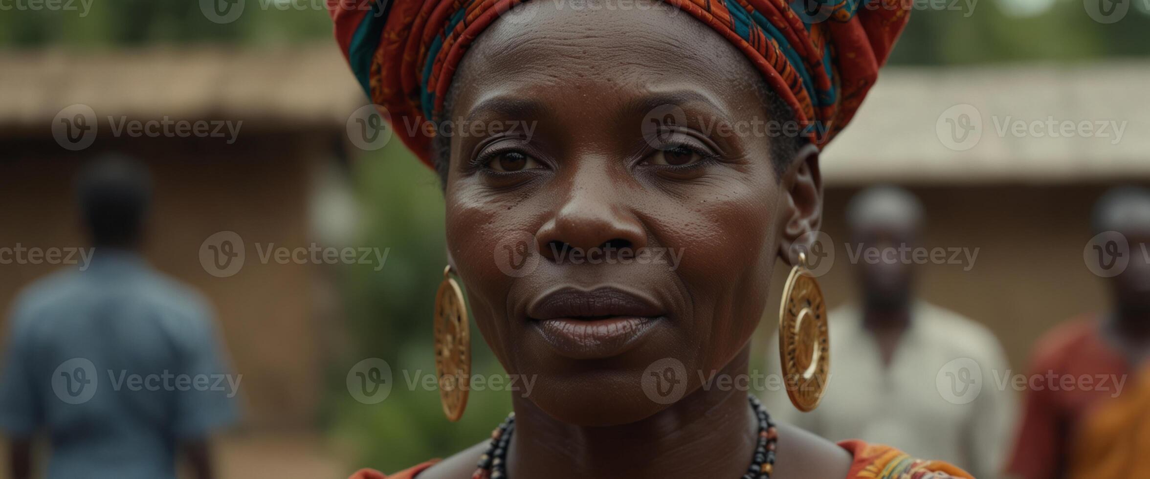 close up of a beautiful mature african woman in traditional clothes, happy. photo