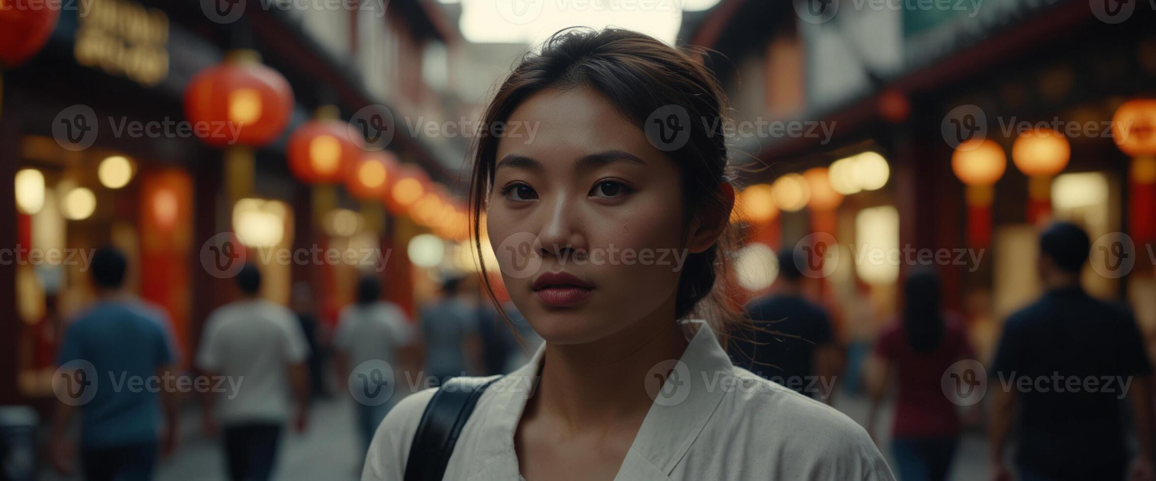 chinese, asian woman walks in a chinatown. photo