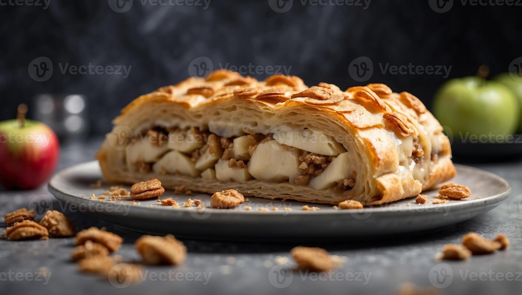 homemade flavored apple strudel in a plate on a gray concrete background with space for text. photo