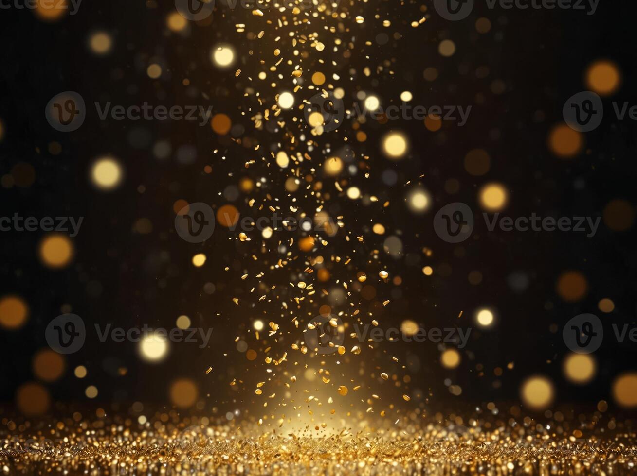 golden christmas particles and sprinkles for a holiday celebration like christmas or new year shiny golden lights wallpaper background for ads or gifts wrap and web design. photo
