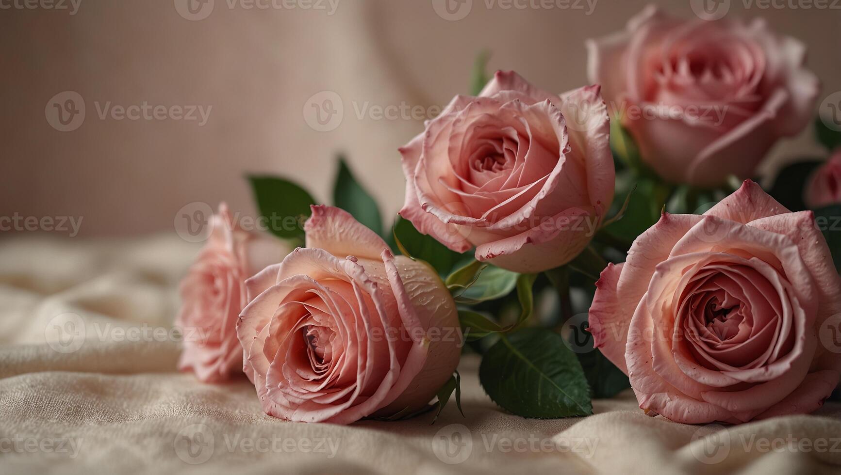 pink roses on soft silk background with copy space, for Women's Day, Mother's Day, Valentine's Day, Wedding concept Copy space. photo