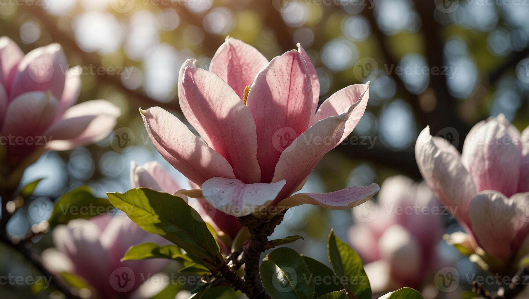 magnolia tree blossom in springtime tender pink flowers bathing in sunlight warm april weather and beautiful sunshine, close up of panorama spring background with copy space. photo