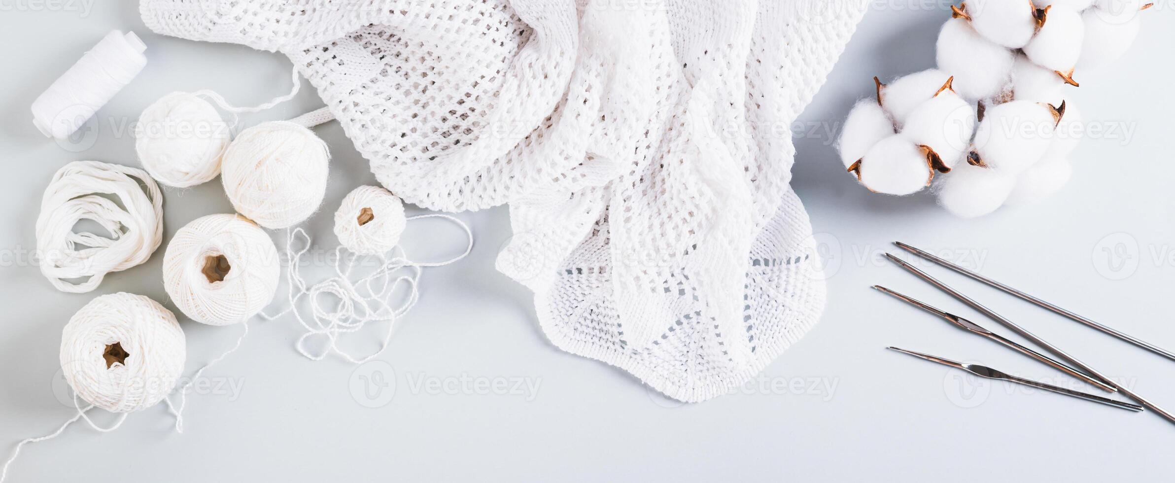 Knitting concept, balls, threads, hooks and knitting needles on a blue top view web banner photo