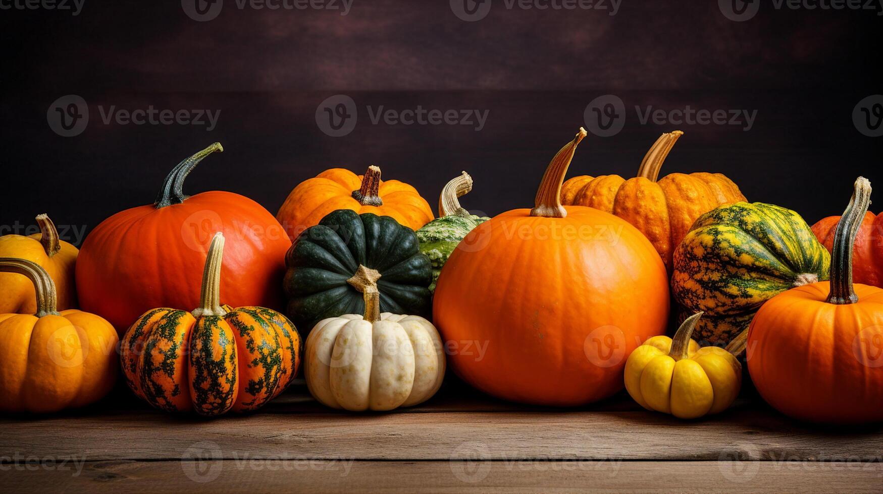 pumpkins concept on brown wooden table photo