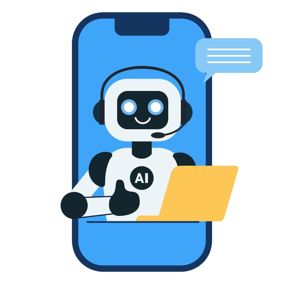 Cute chat bot robot with yellow laptop shows thumbs up on the phone vector