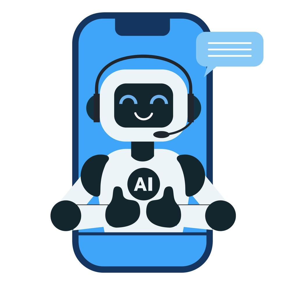 Cute chat bot robot shows thumbs up on the phone vector