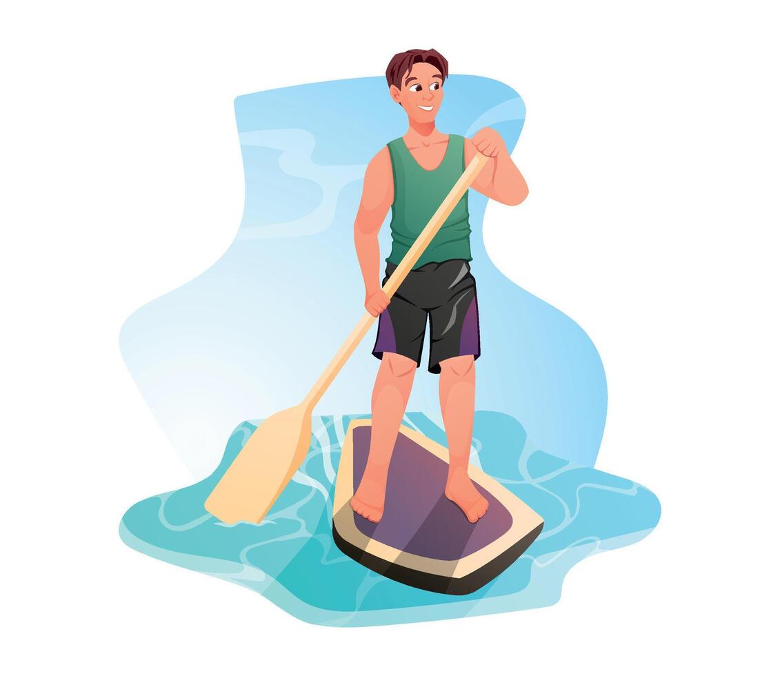 Beautiful young man in a swimsuit riding a stand-up paddle board. Summer water sports activities. isolated cartoon illustration. vector