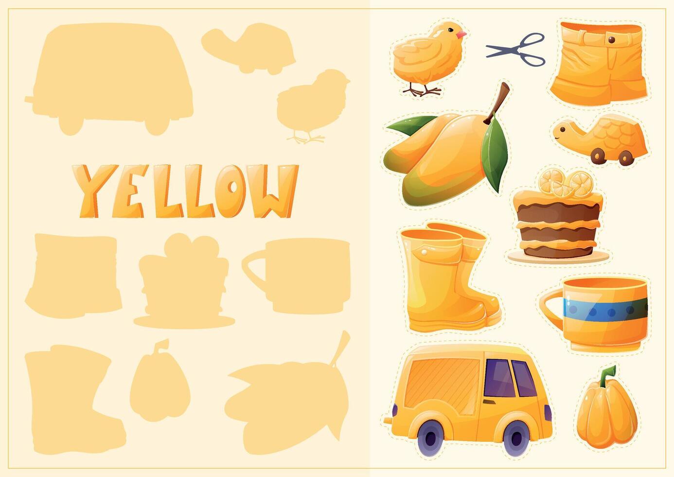A set of isolated yellow elements for children to study colors. Children's book or textbook for preschoolers. Collection of cartoon elements. Shadow matching educational game vector