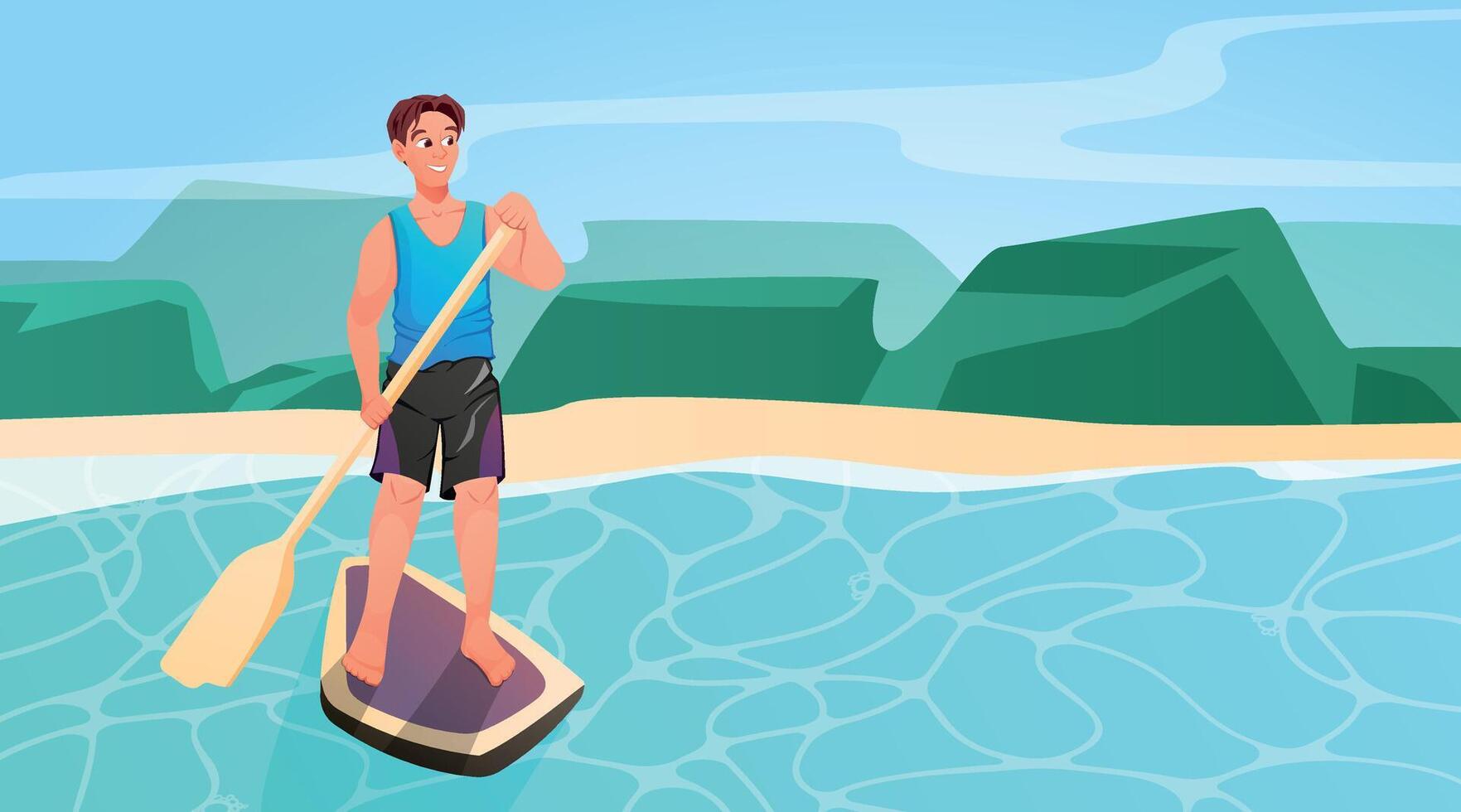 Beautiful young man in a swimsuit riding a stand-up paddle board on the sea coast. Summer water sports activities. cartoon illustration. vector