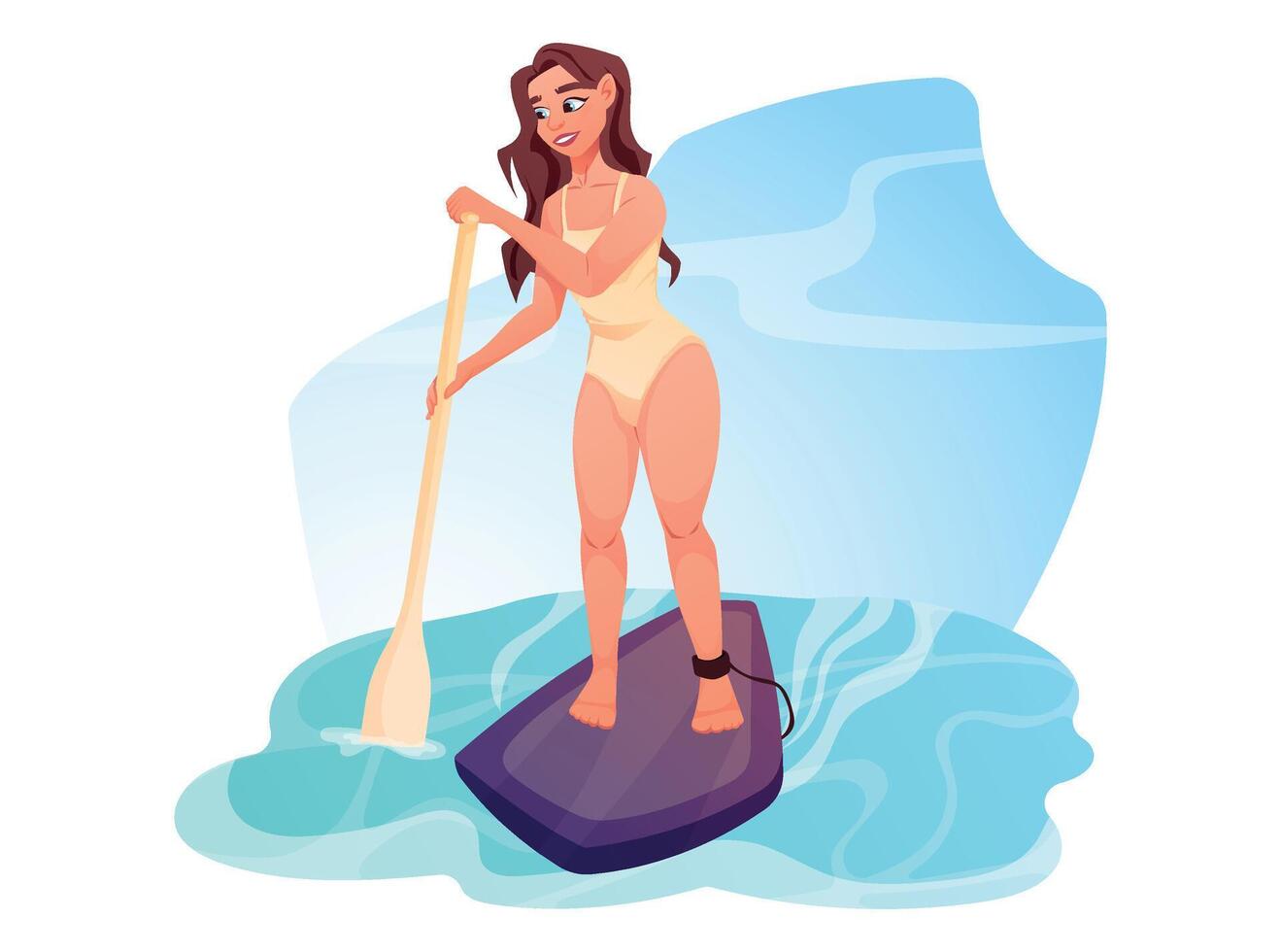 Beautiful young woman in a swimsuit riding a stand-up paddle board. Summer water sports activities. isolated cartoon illustration. vector