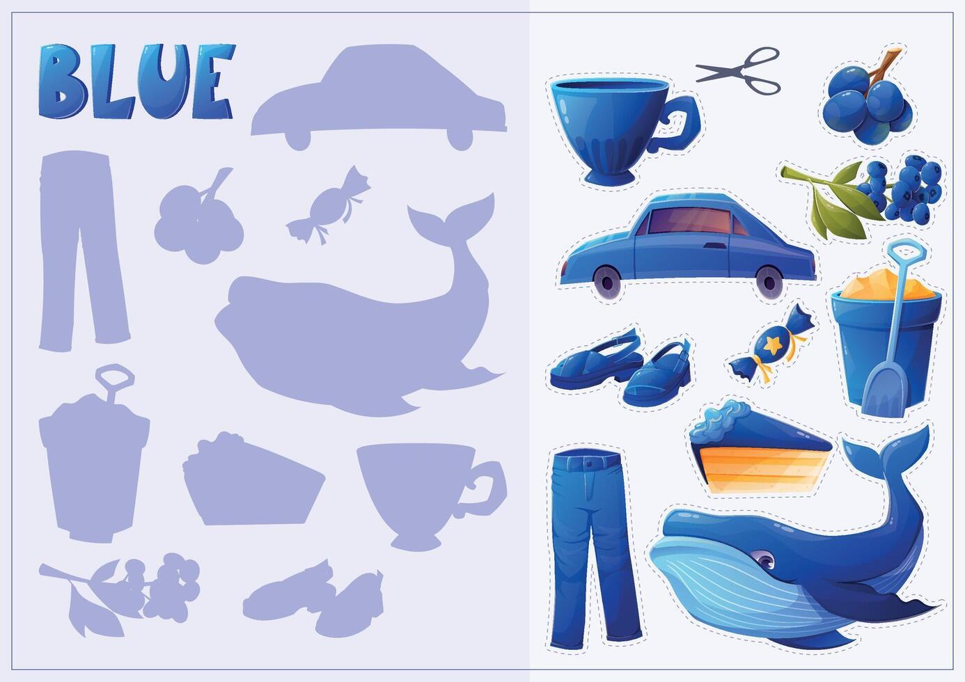A set of isolated blue elements for children to study colors. Children's book or textbook for preschoolers. Collection of cartoon elements. Shadow matching educational game vector