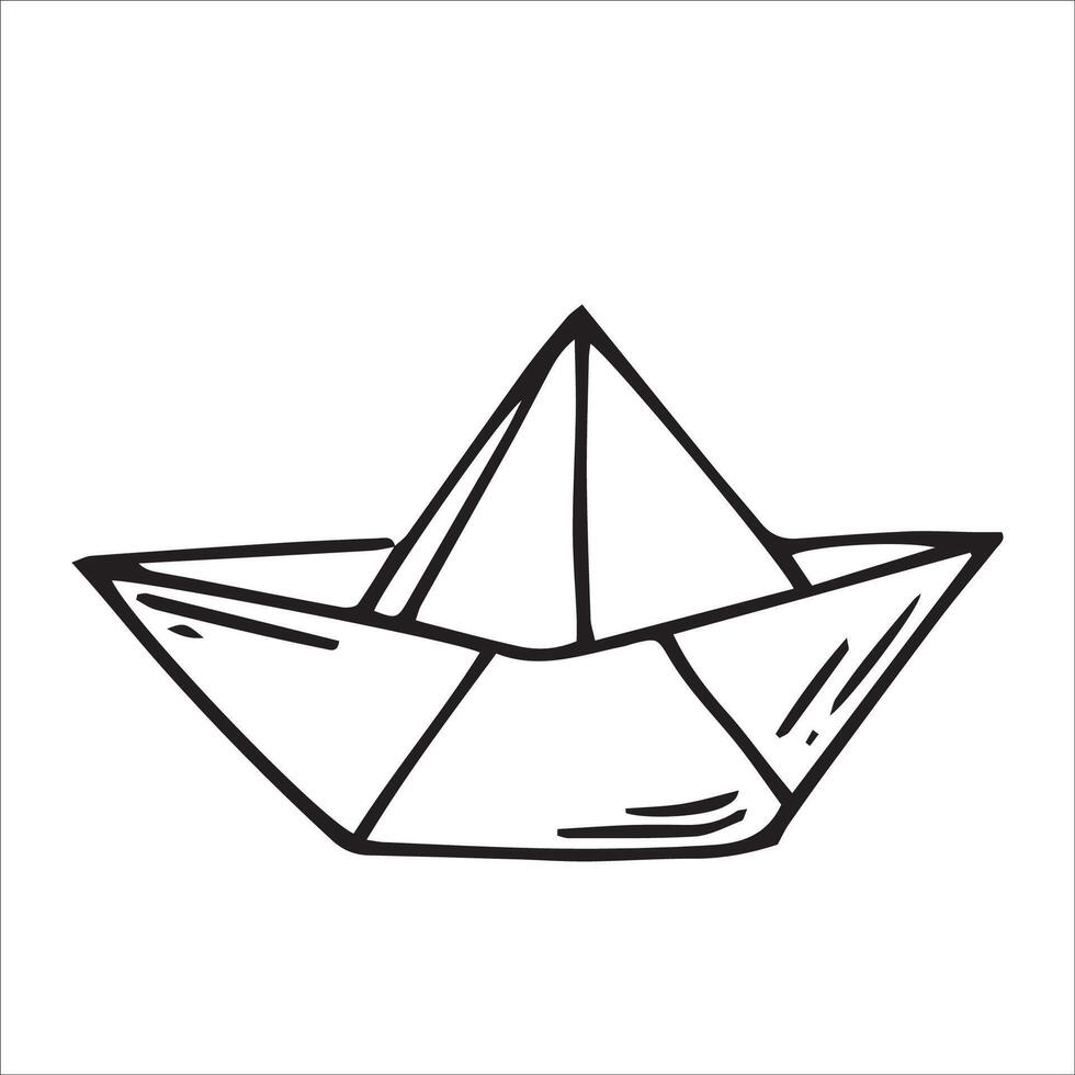 Origami paper boat. Black and white drawing in sketch style, vintage graphic vector