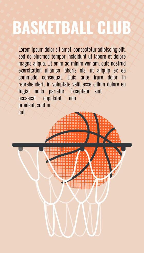 Basketball background design with ball, hoop and text. Colorful illustration for flyers, banners, web and print. Sport, team play concept. Flat modern illustration isolated. vector