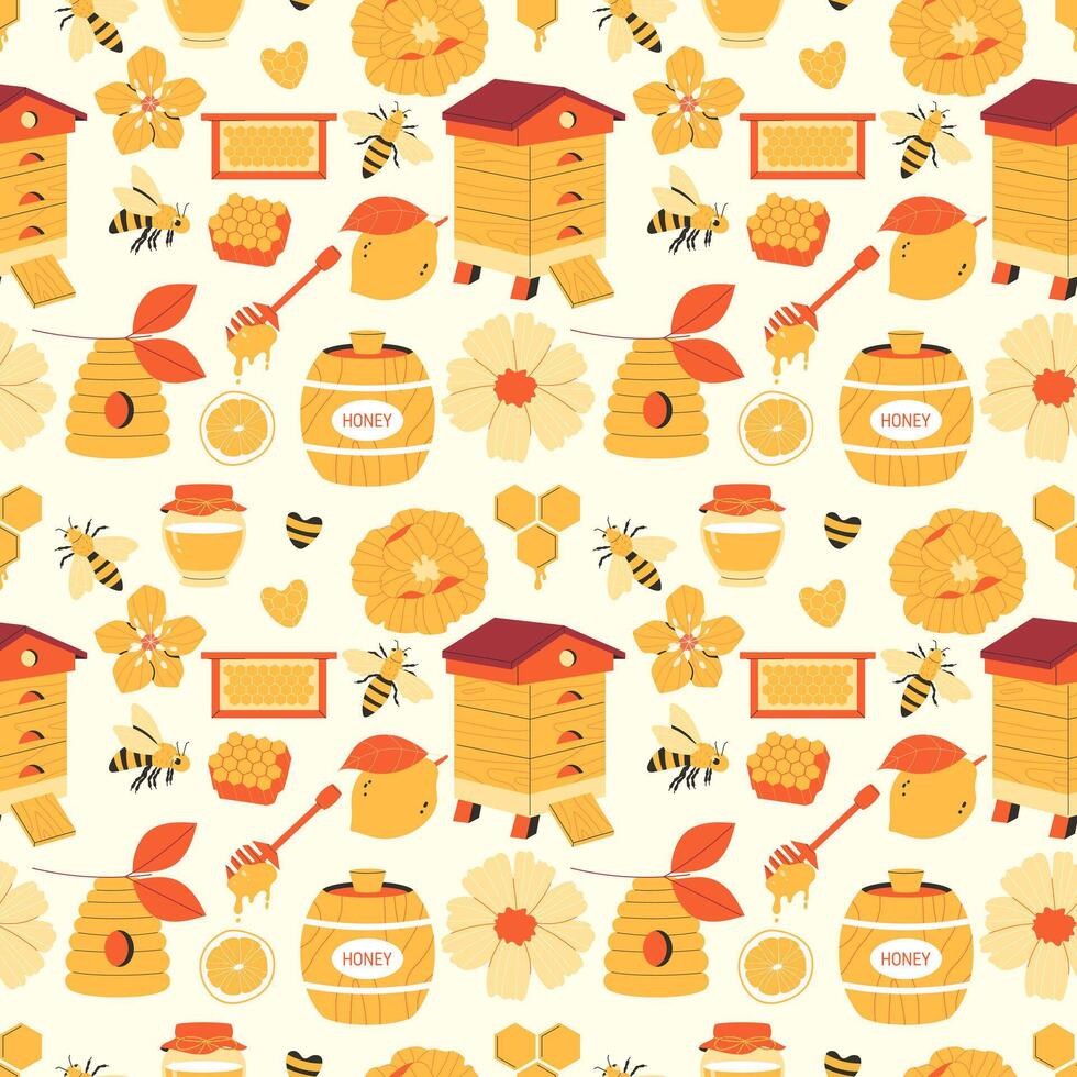 beekeeping seamless pattern on light background. Honey background vector
