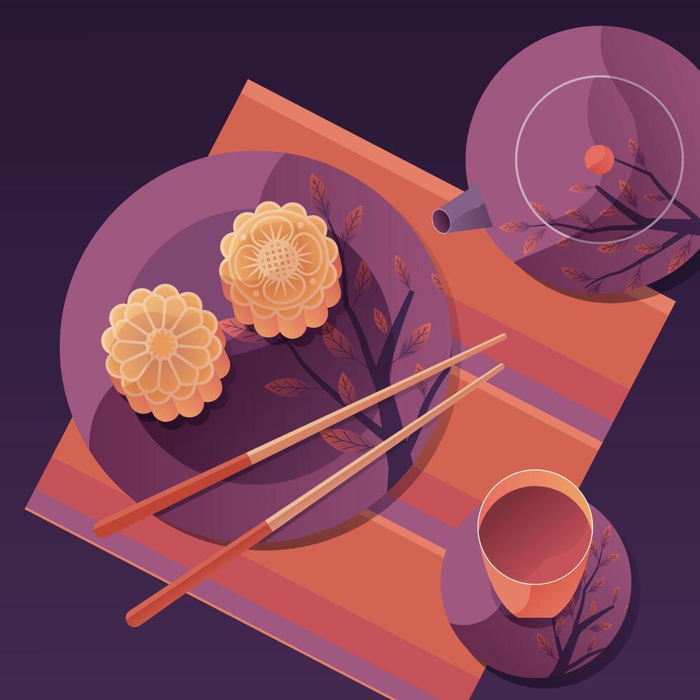 Teapot, teacup, and mooncakes, an illustration celebrating the Mid-Autumn Festival, with a deep purple background vector