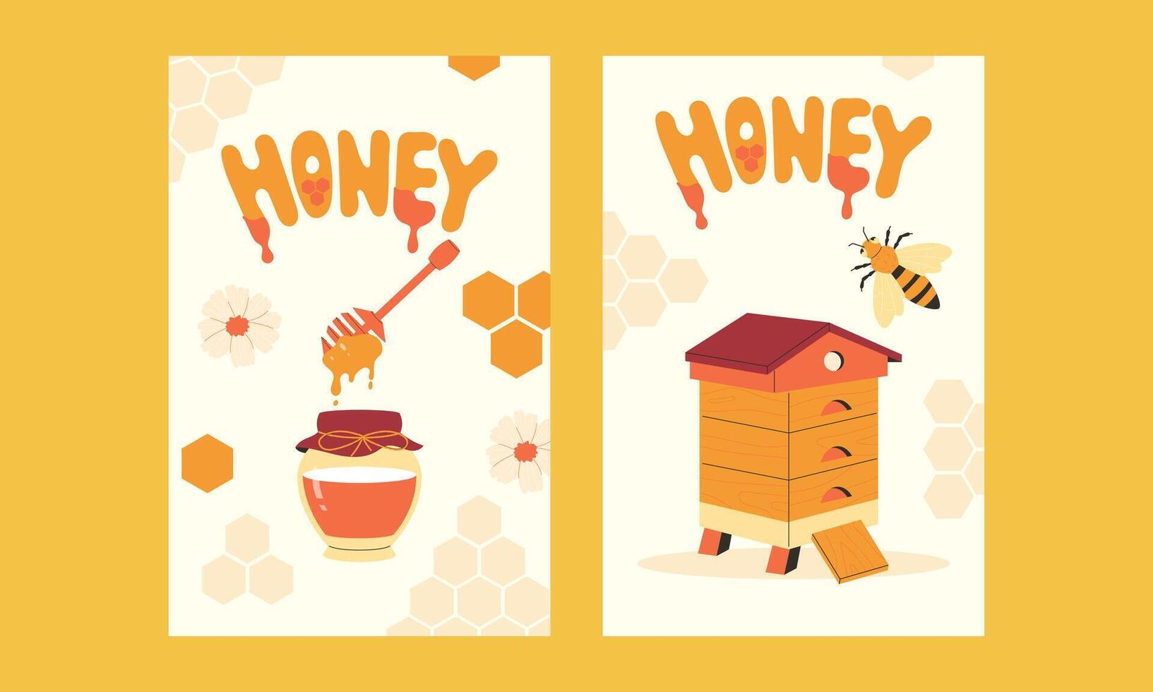 honey set of postcards. Hand drawn posters in flat style vector