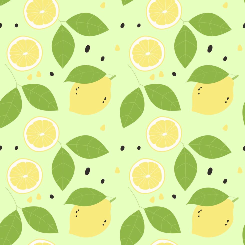 Yellow lemons on green background seamless pattern vector