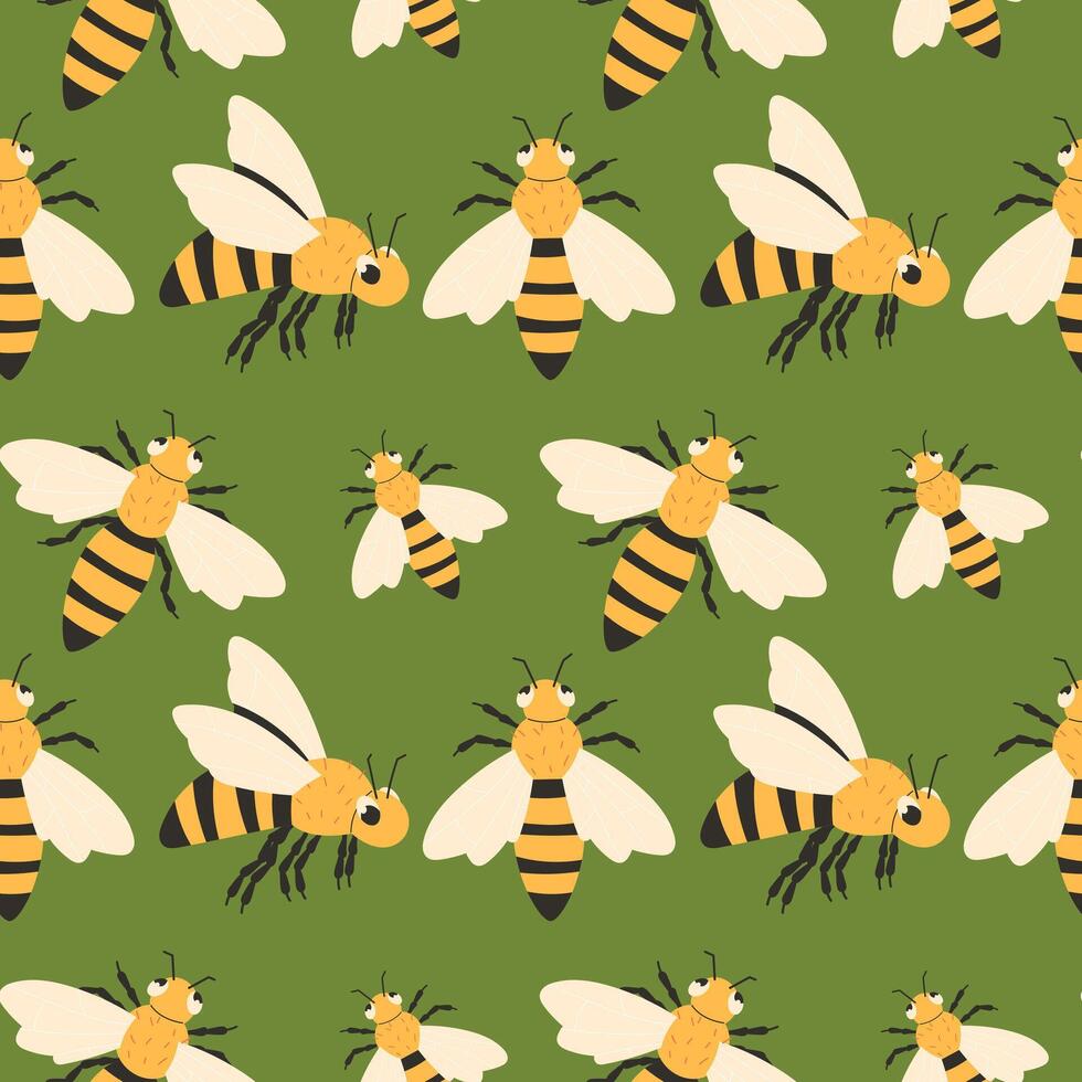 Cartoon bees seamless pattern on green background vector