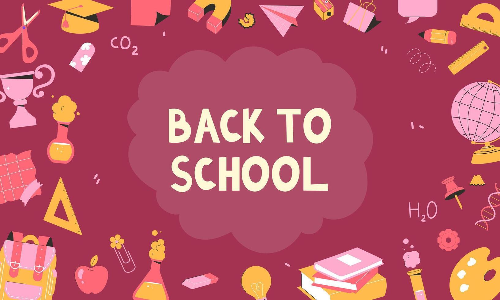 back to school banner. templates for the beginning of the school year. Books, globe, notebook, pencil, stickers vector
