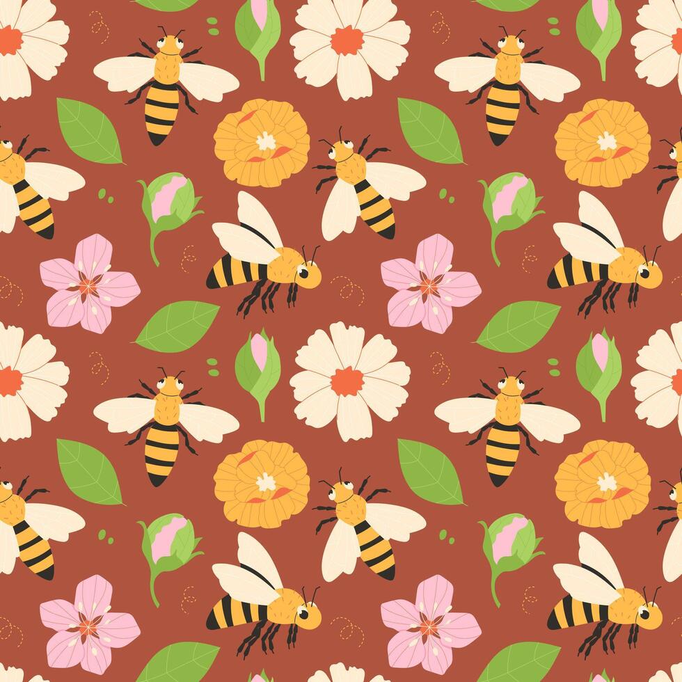 Cartoon bees with flowers seamless pattern vector