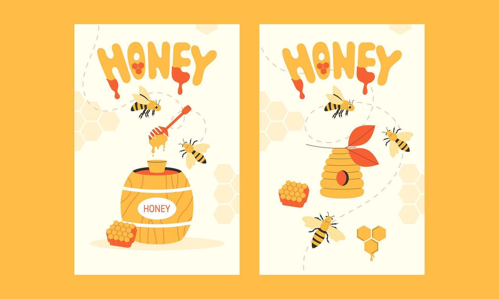 honey set of postcards. Hand drawn posters in flat style vector
