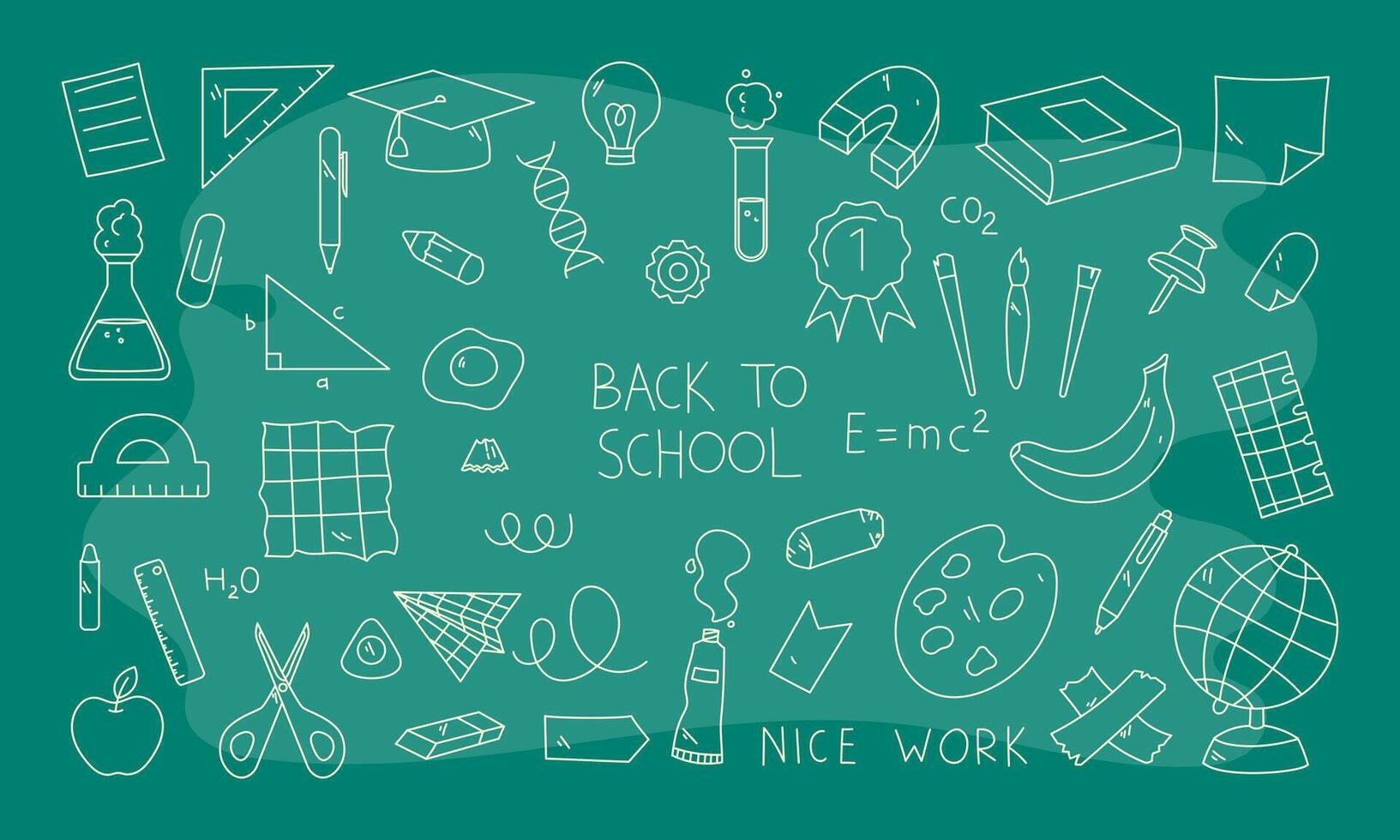 back to school doodle. school doodles on green background. school icons set vector