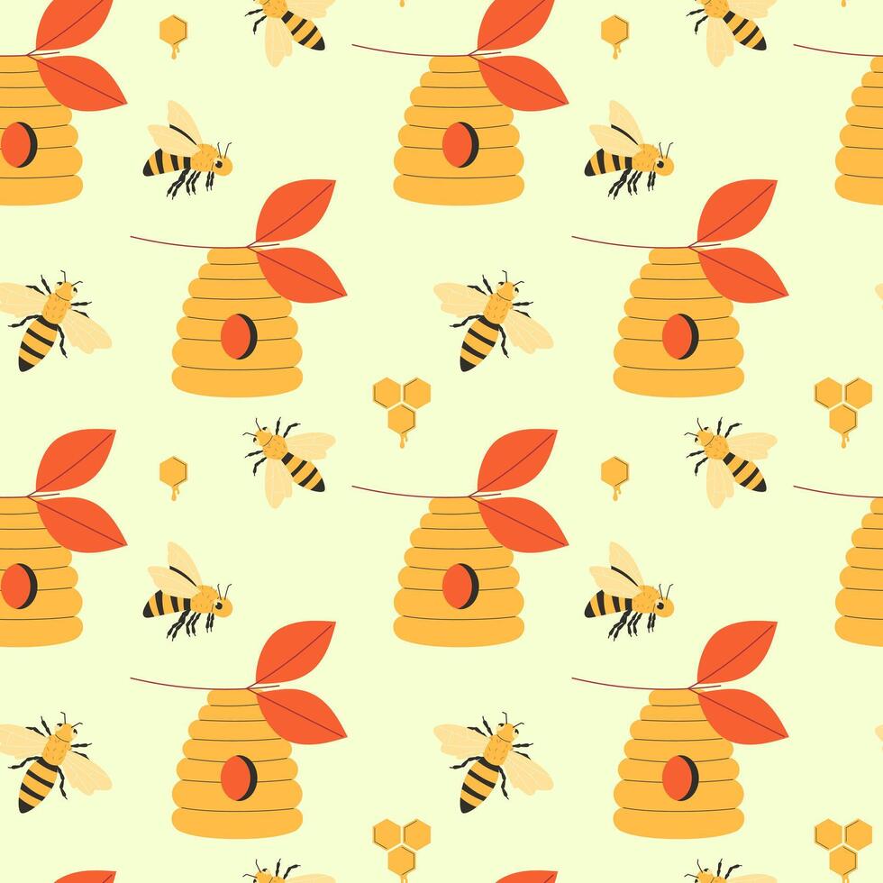 beehive and bees seamless pattern vector