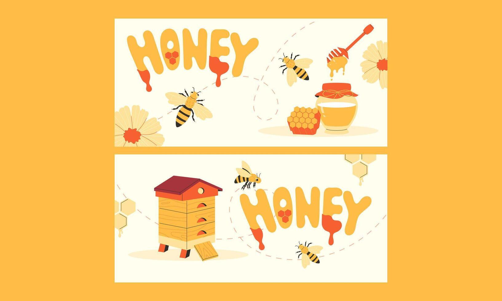 honey set of postcards, banners, flyers. Hand drawn posters in flat style vector