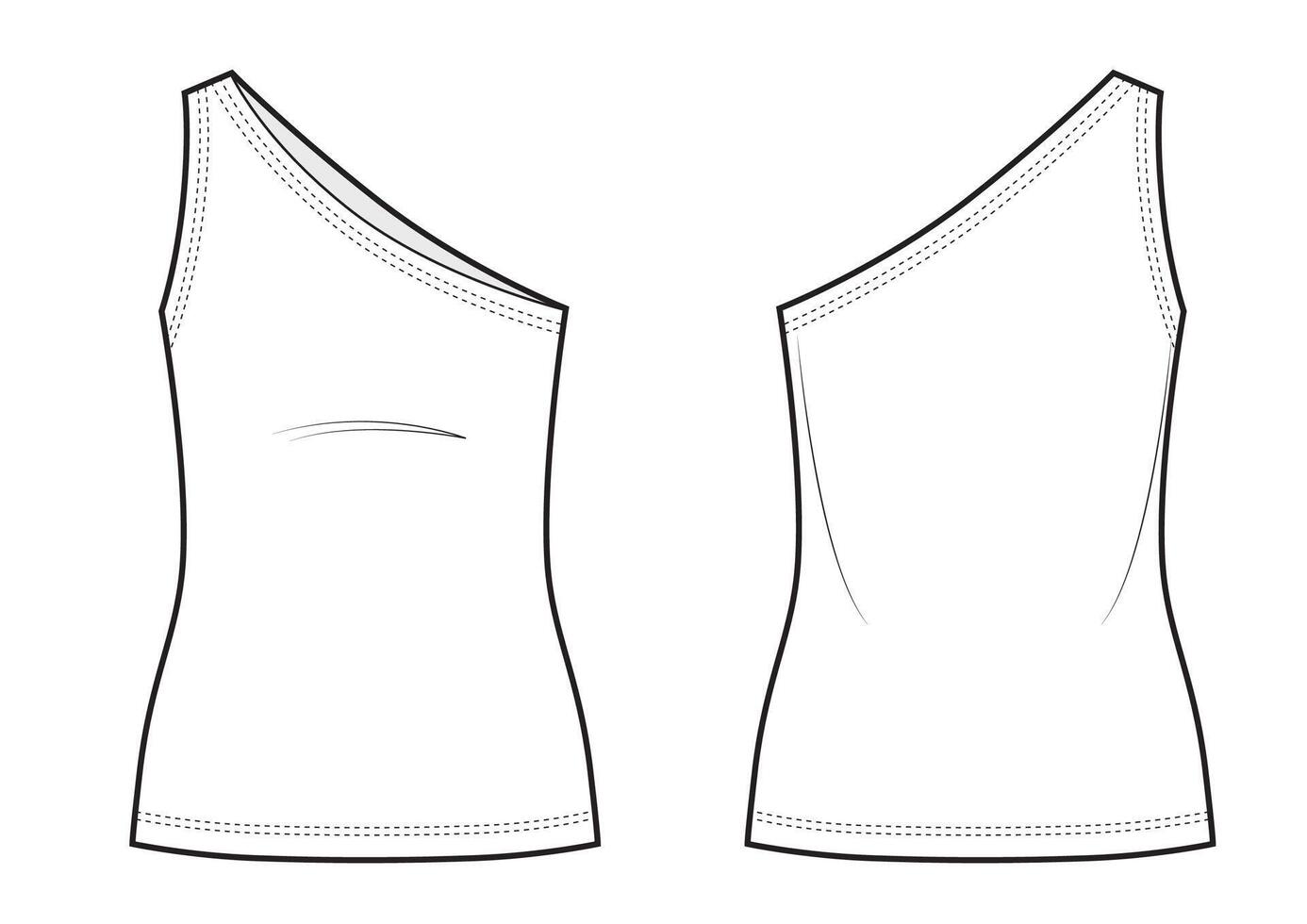 One-shoulder top technical fashion illustration with fitted body, sleeveless. vector