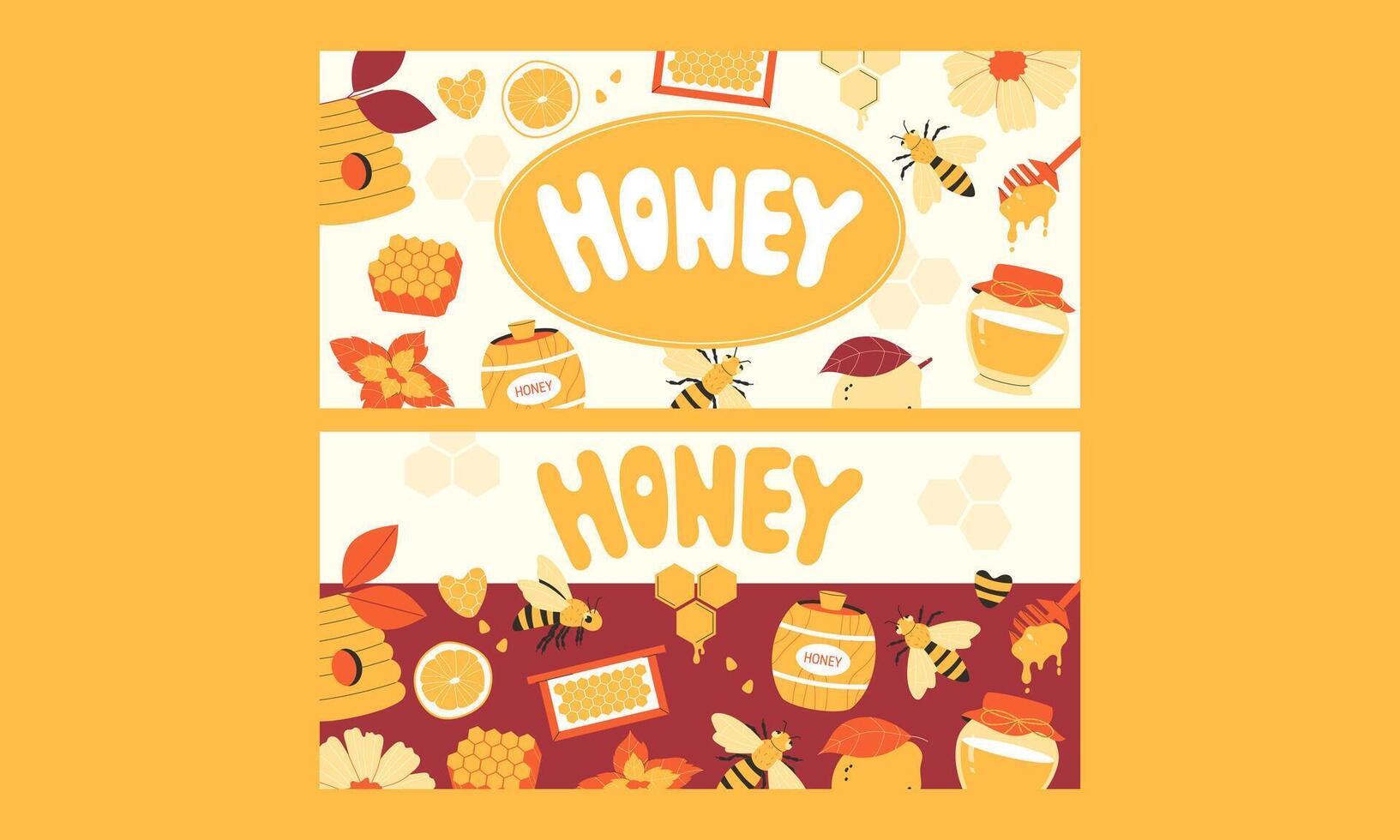 honey set of postcards,banners, flyers, business cards. Hand drawn posters in flat style vector