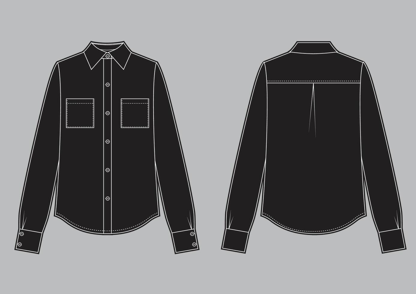Long sleeve black shirt, fashion flat sketch template. vector