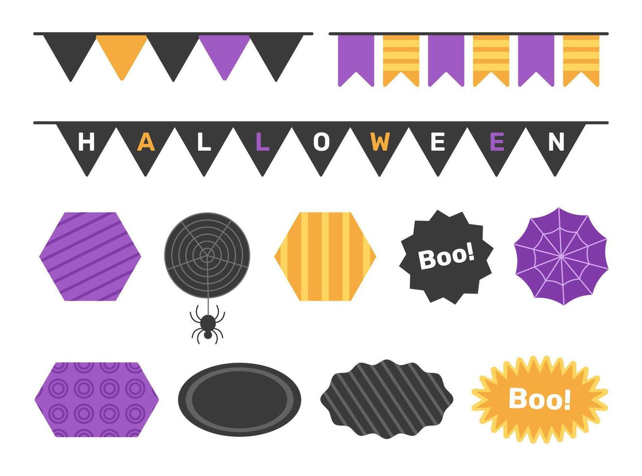 Halloween holiday flat sticker set with flags, aesthetic labels and badges design elements illustration. vector
