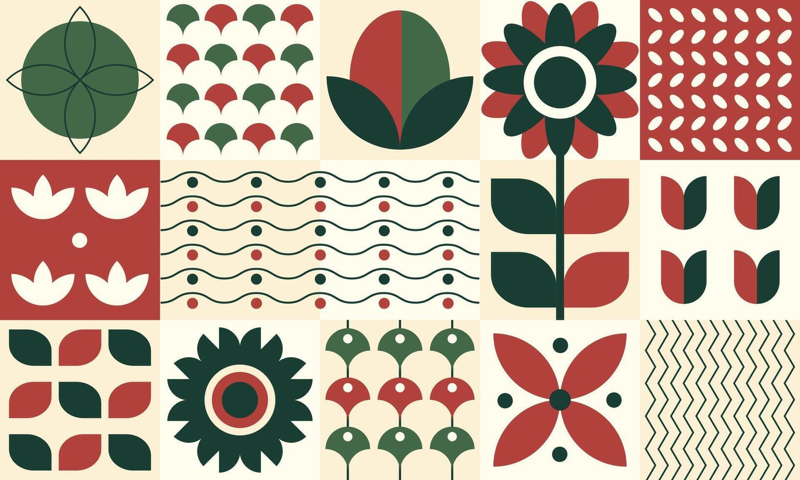 Bauhaus plants in a flat style, tiles pattern design, wallpaper with petals, leaves, geometric forms and shapes. illustration. vector