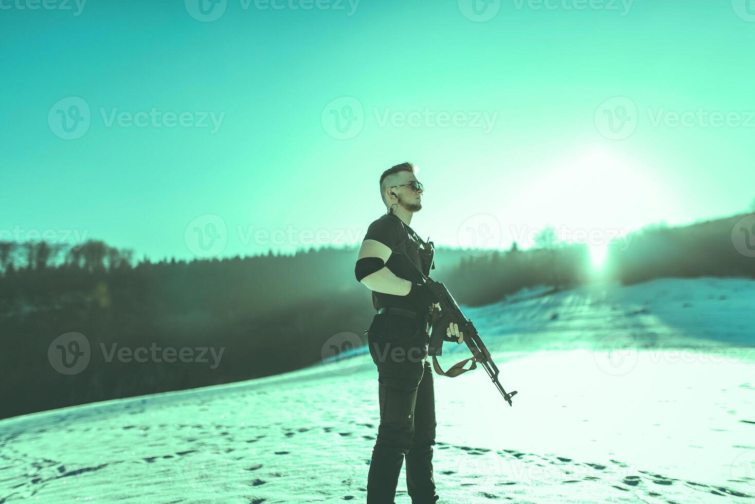 Special forces soldiers with weapon take part in military maneuver. war, army, technology and army concept photo