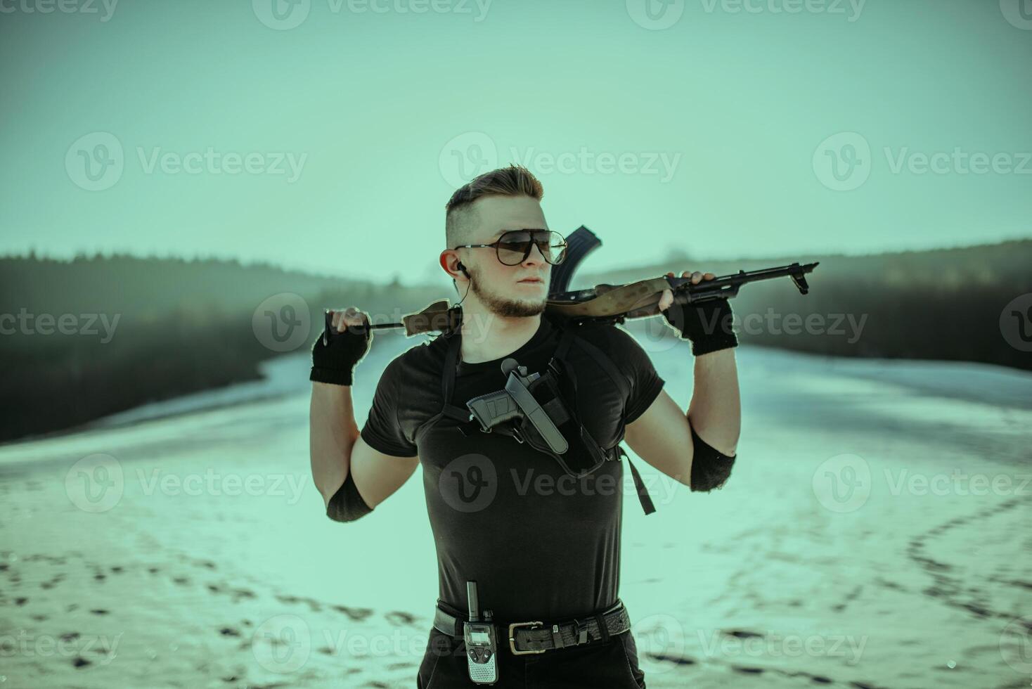 Special forces soldiers with weapon take part in military maneuver. war, army, technology and army concept photo