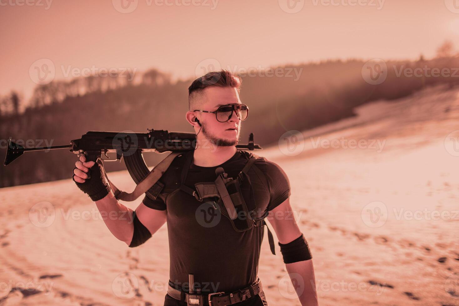 Special forces soldiers with weapon take part in military maneuver. war, army, technology and army concept photo