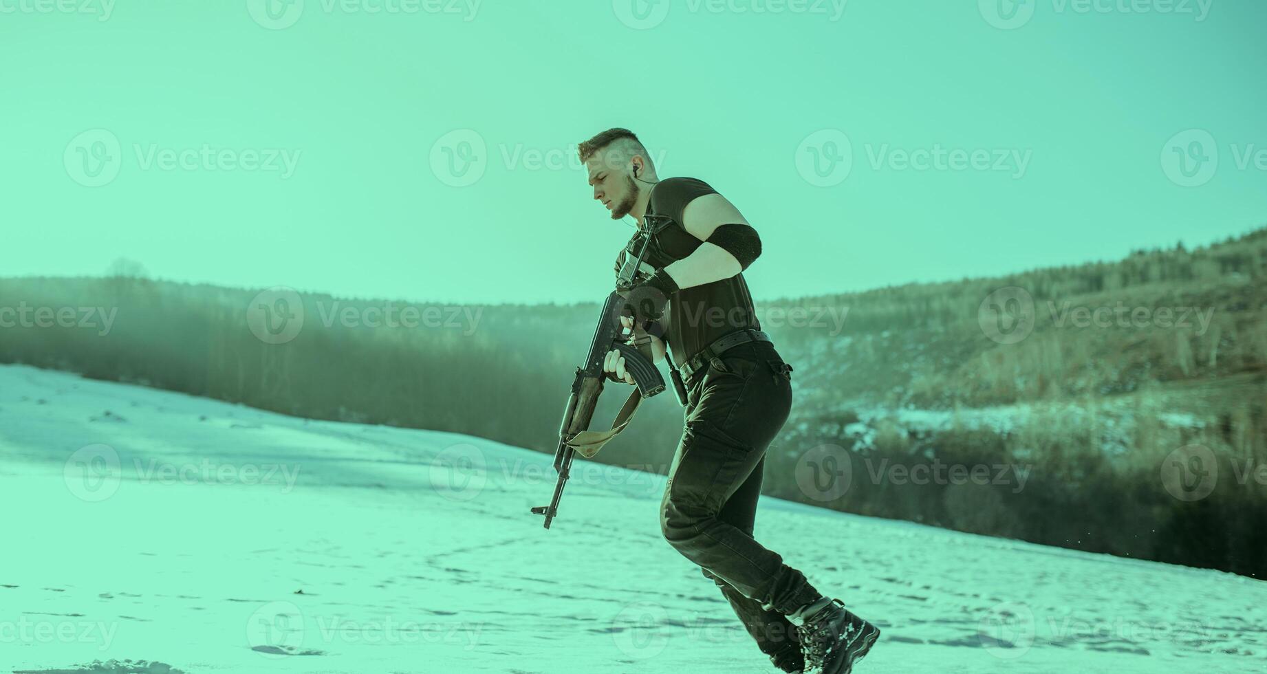 Special forces soldiers with weapon take part in military maneuver. war, army, technology and army concept photo