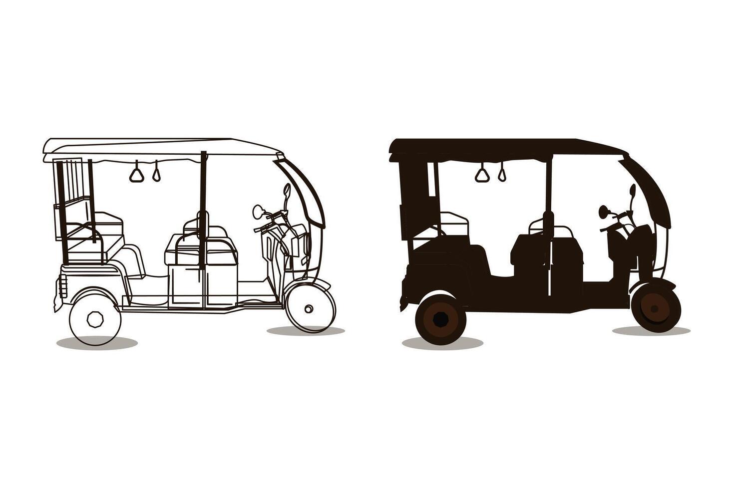 Tuk-tuk Indian rickshaw car, silhouette, and line art vector