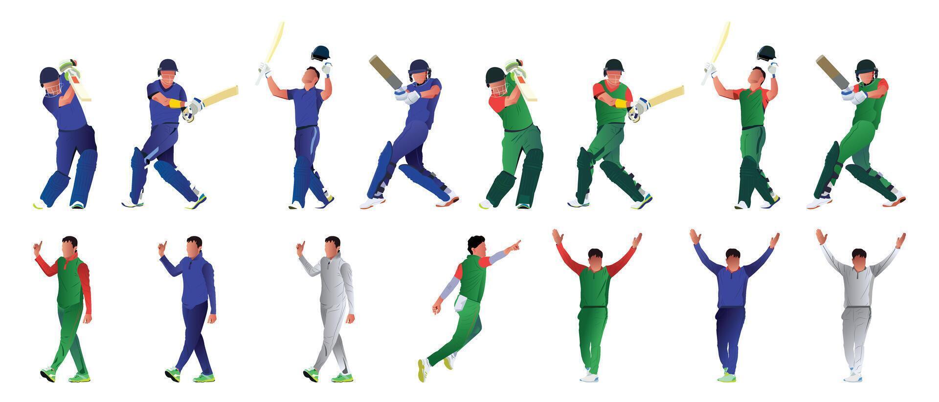 Set of batsman and baller playing cricket on the field in a colorful background illustration vector