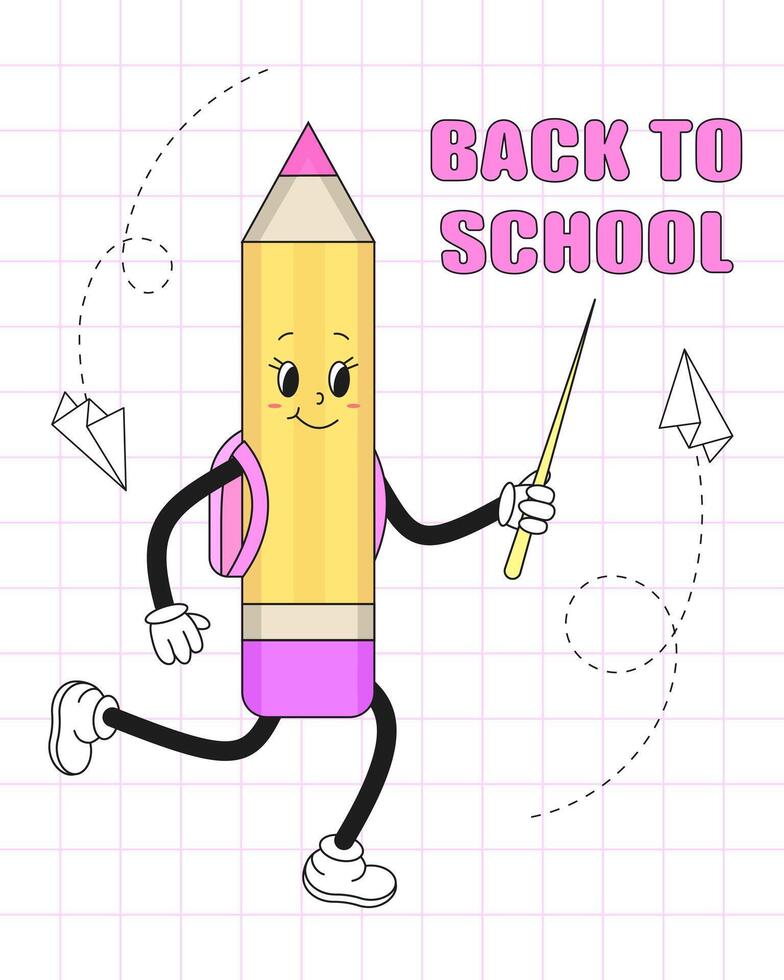 Back to school. Retro groovy pencil character. Poster, banner, greeting card. illustration vector