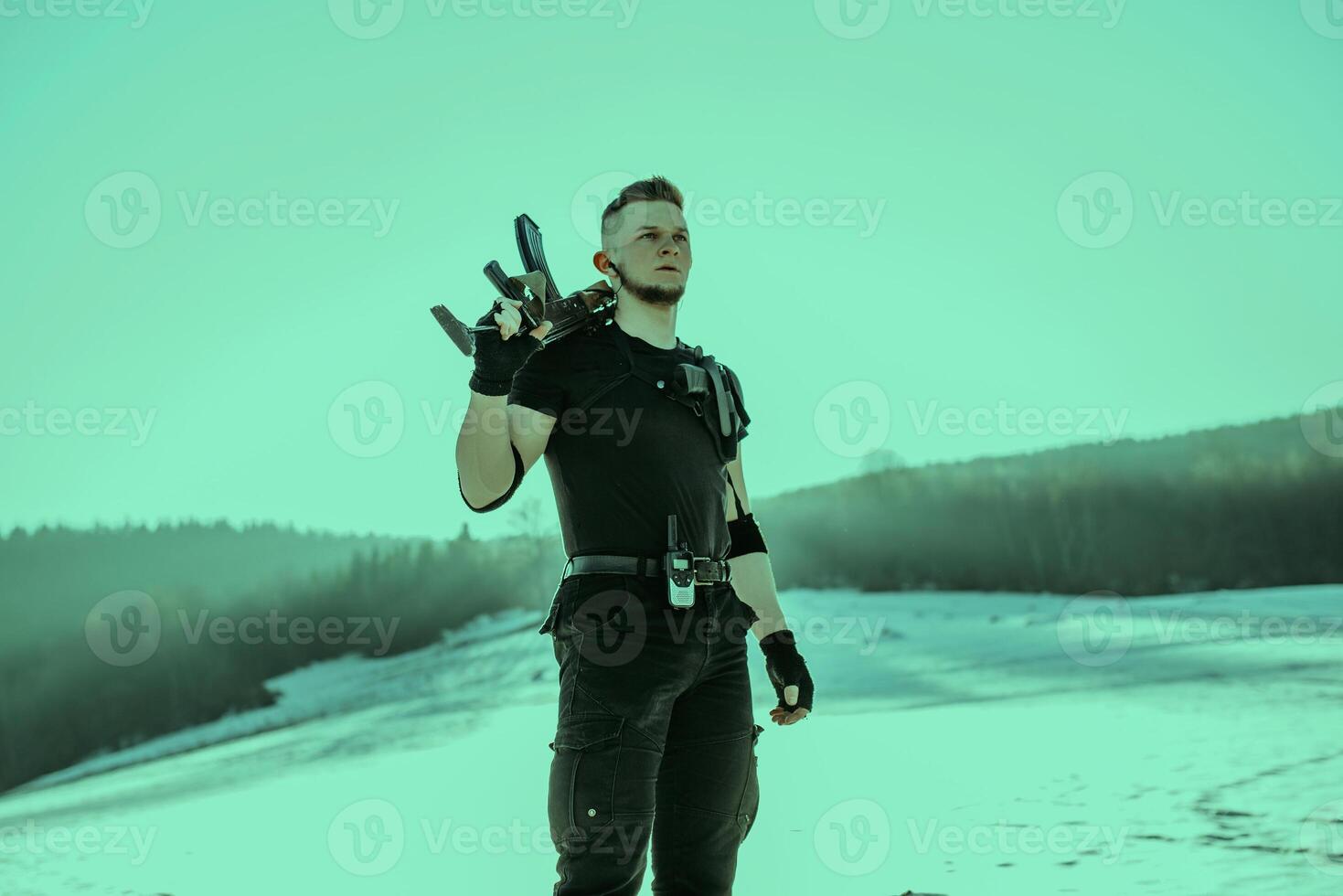 Special forces soldiers with weapon take part in military maneuver. war, army, technology and army concept photo
