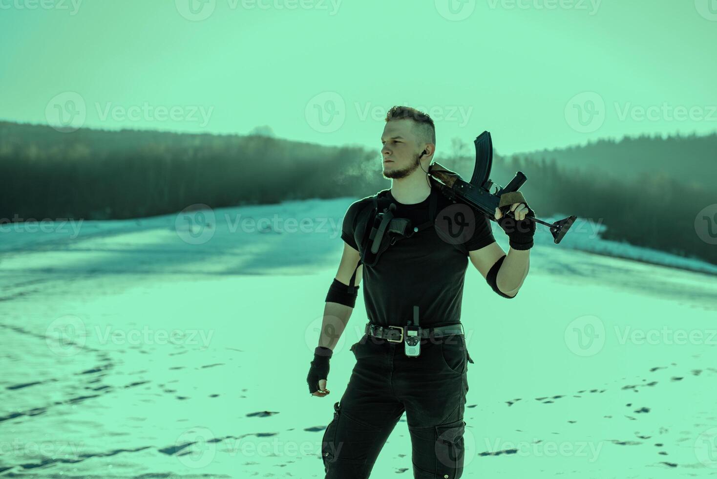 Special forces soldiers with weapon take part in military maneuver. war, army, technology and army concept photo