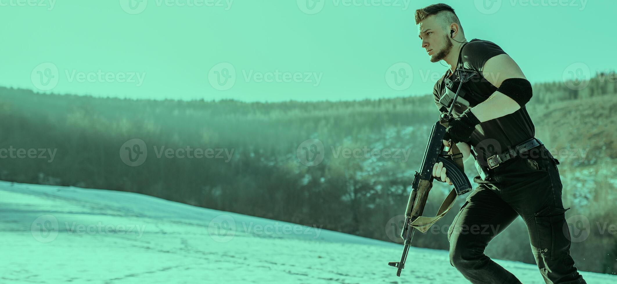 Special forces soldiers with weapon take part in military maneuver. war, army, technology and army concept photo