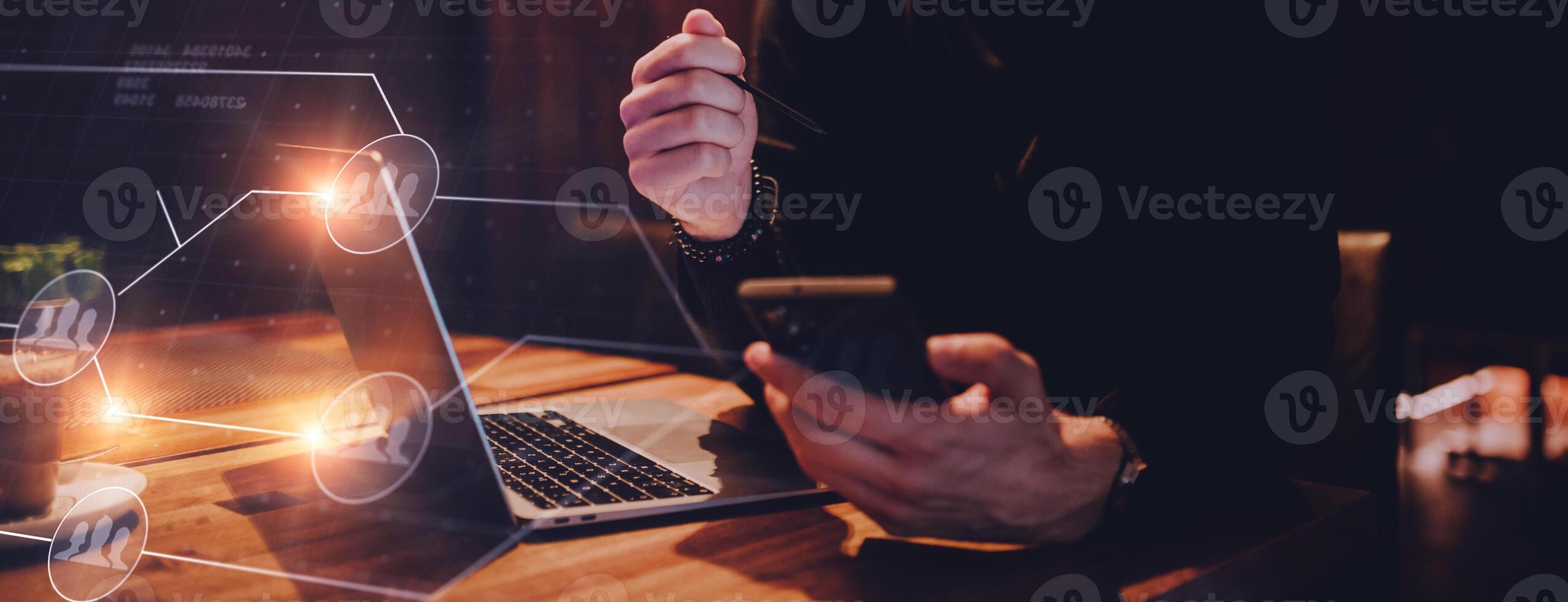 Big data management, digital technology, software development concept. Computer programmer, software engineer programming on laptop, data processing with computer code, technology background photo