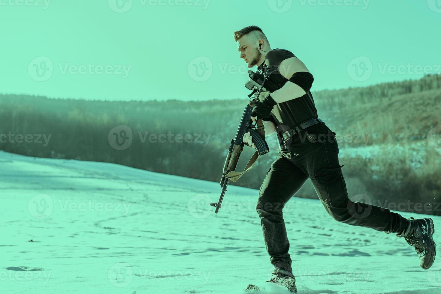 Special forces soldiers with weapon take part in military maneuver. war, army, technology and army concept photo