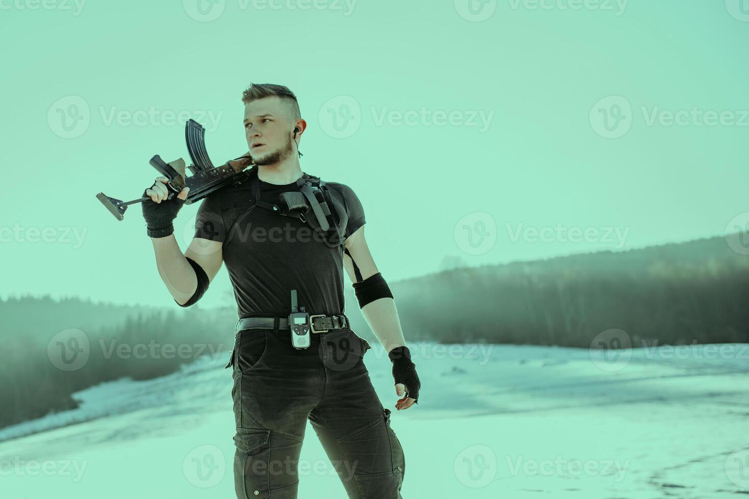 Special forces soldiers with weapon take part in military maneuver. war, army, technology and army concept photo